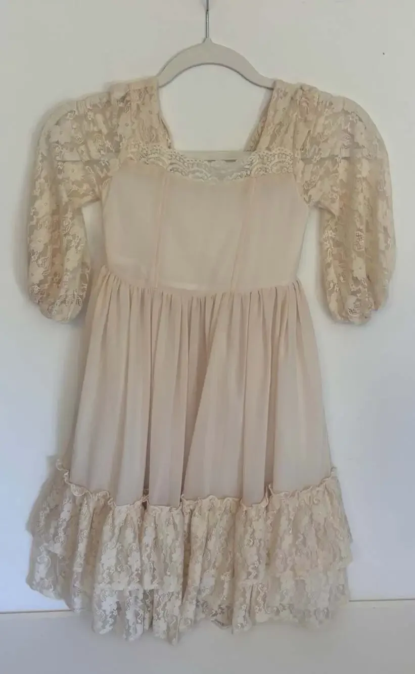 Girls Cream Lace Puff Sleeve Tiered Midi Dress Size 110